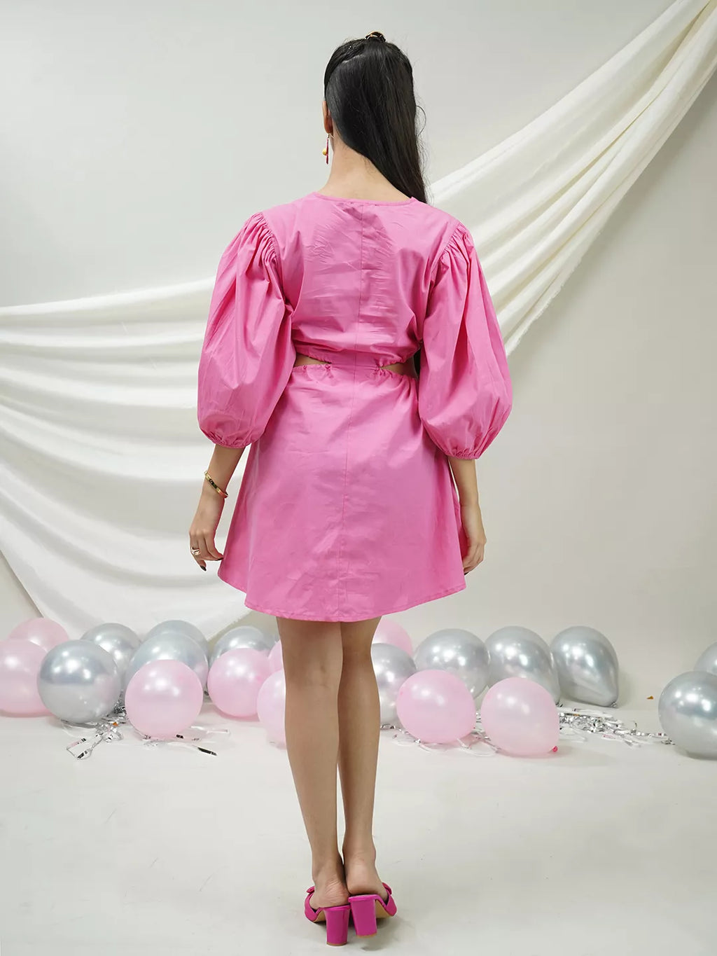 Fuchsia Cut-Out Puff Sleeve Mini Dress