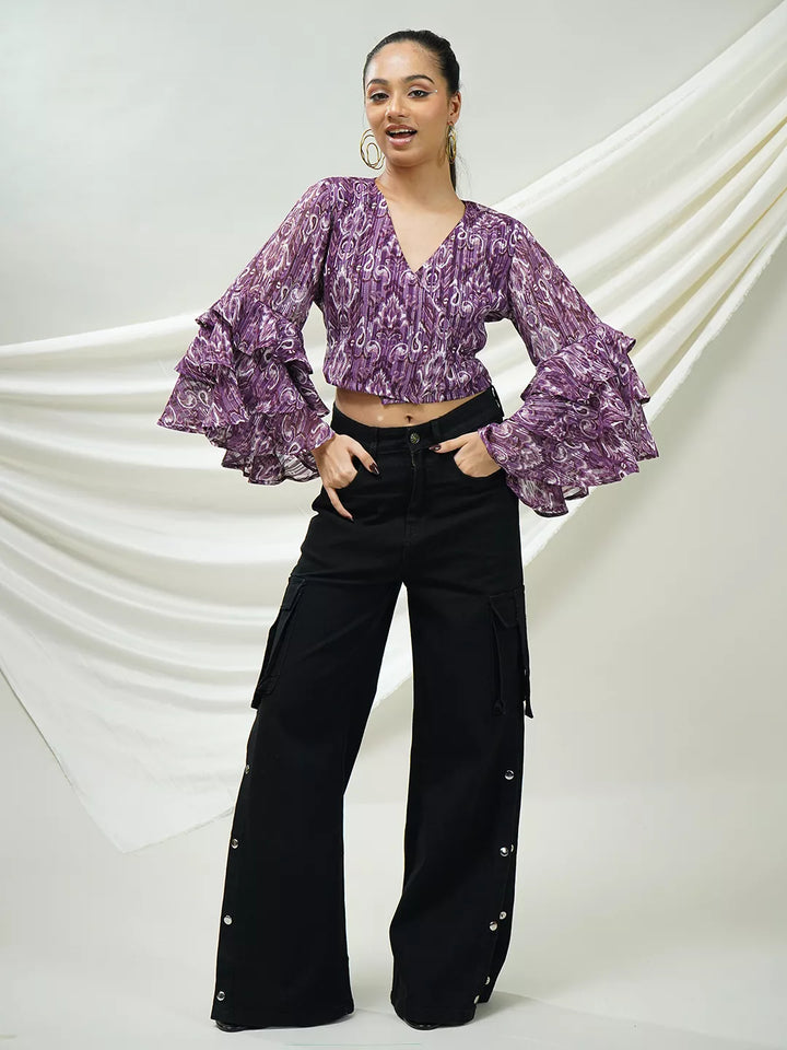 Purple Ikat Ruffle Sleeve Wrap Top