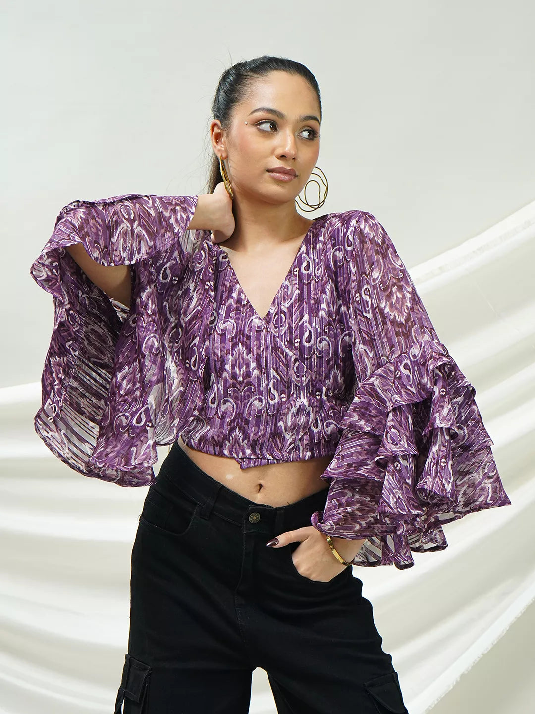 Purple Ikat Ruffle Sleeve Wrap Top