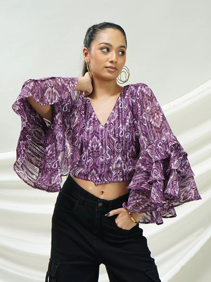 Purple Ikat Ruffle Sleeve Wrap Top