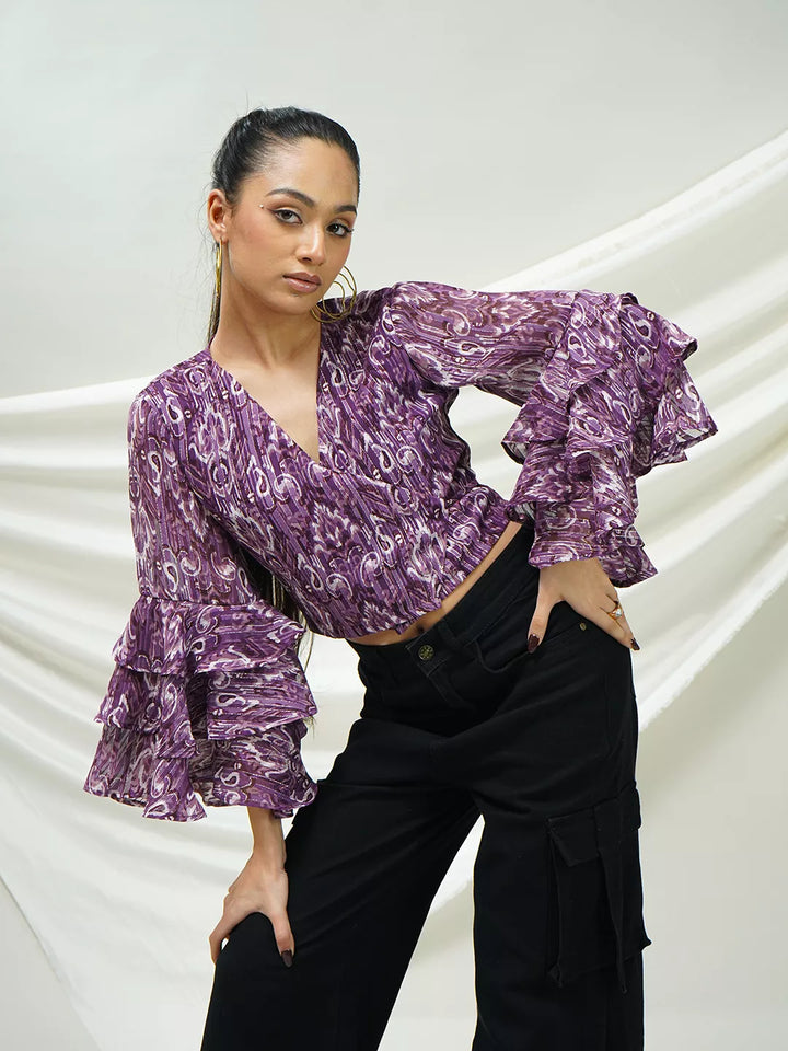 Purple Ikat Ruffle Sleeve Wrap Top