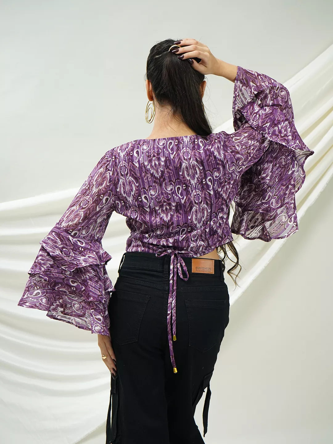 Purple Ikat Ruffle Sleeve Wrap Top