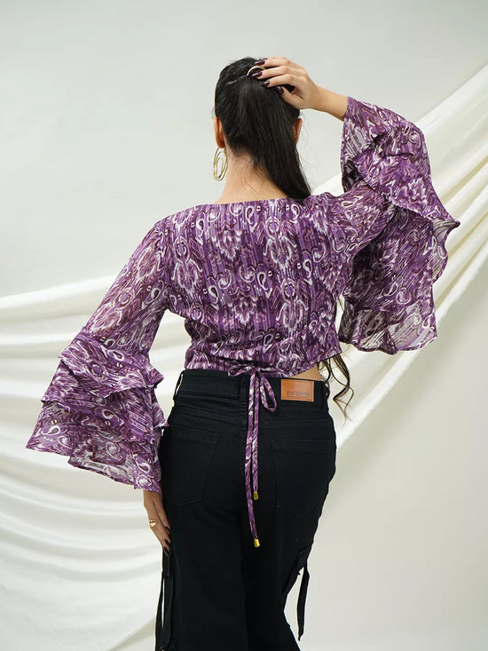 Purple Ikat Ruffle Sleeve Wrap Top