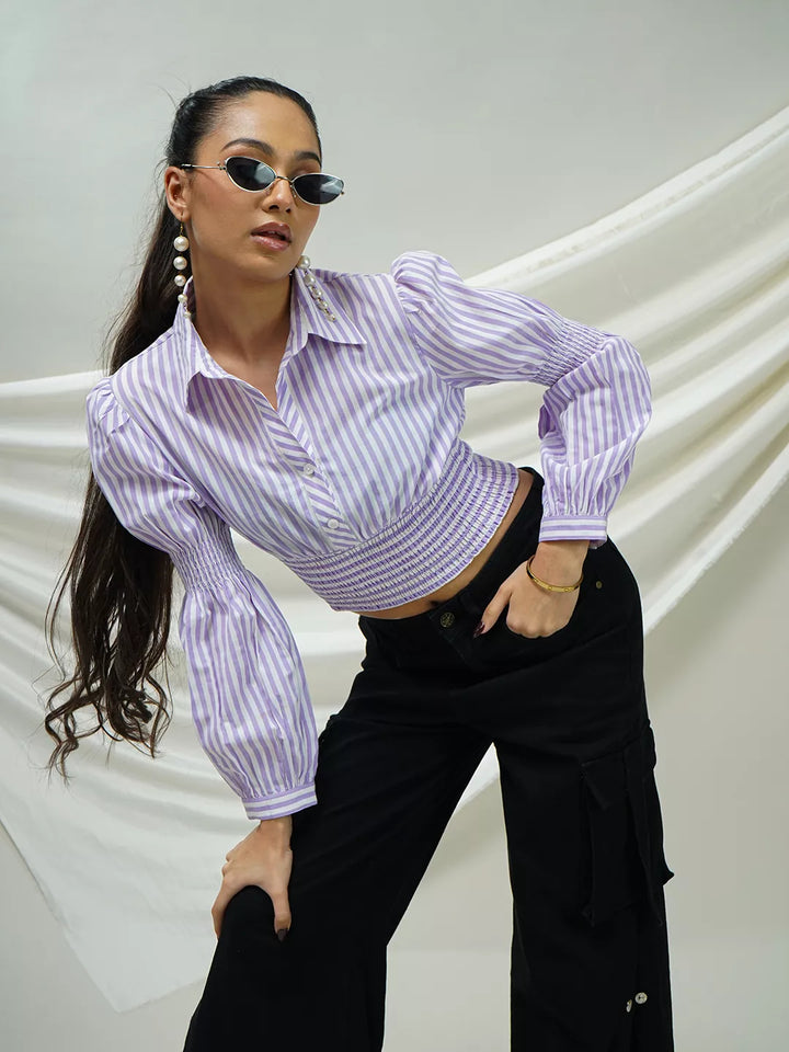 Lavender Striped Smocked Crop Top