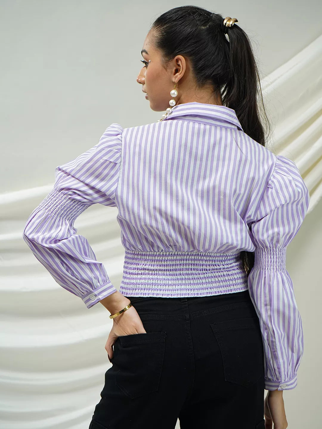 Lavender Striped Smocked Crop Top