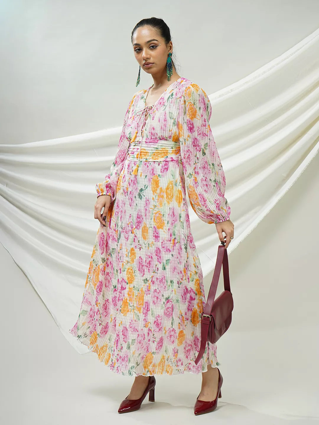 Floral Pleated Maxi Dress with Lace