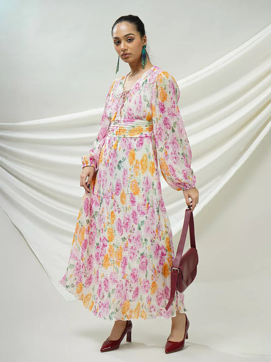 Floral Pleated Maxi Dress with Lace