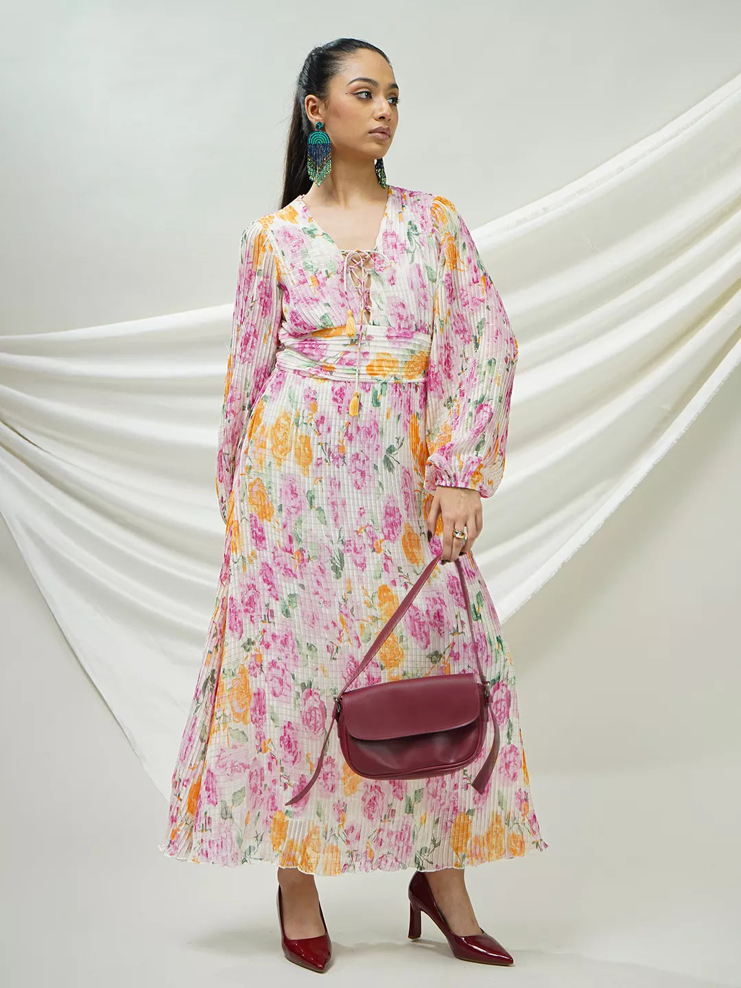 Floral Pleated Maxi Dress with Lace