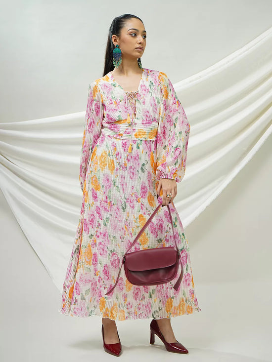 Floral Pleated Maxi Dress with Lace