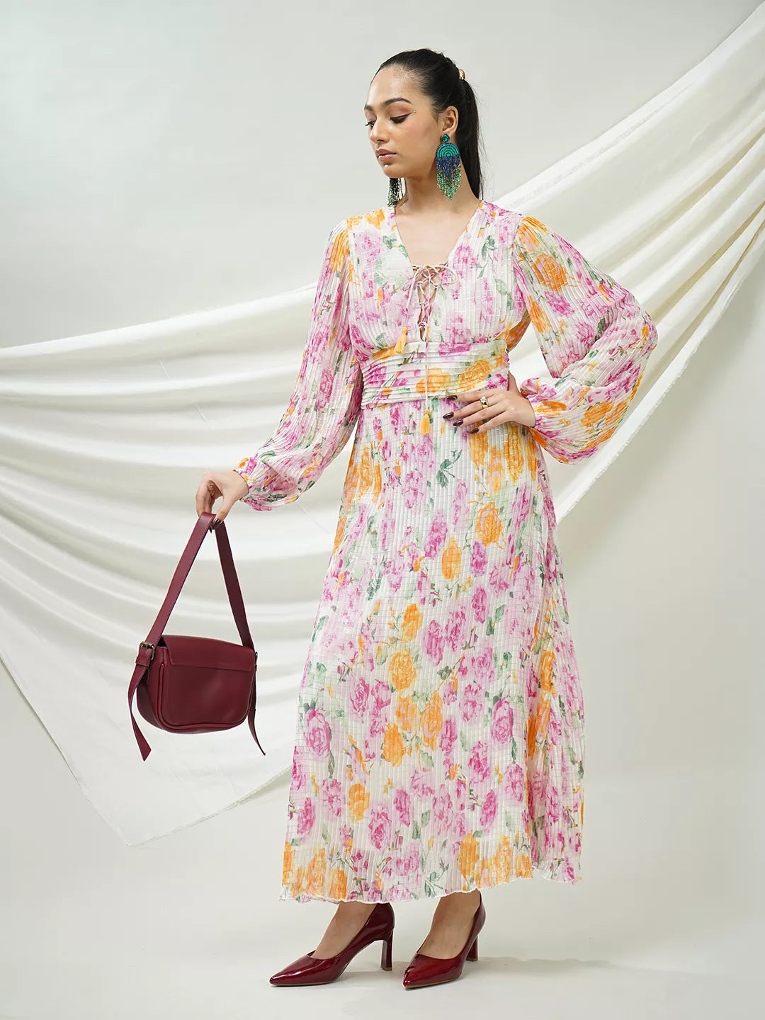 Floral Pleated Maxi Dress with Lace