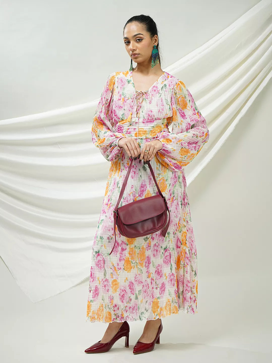 Floral Pleated Maxi Dress with Lace