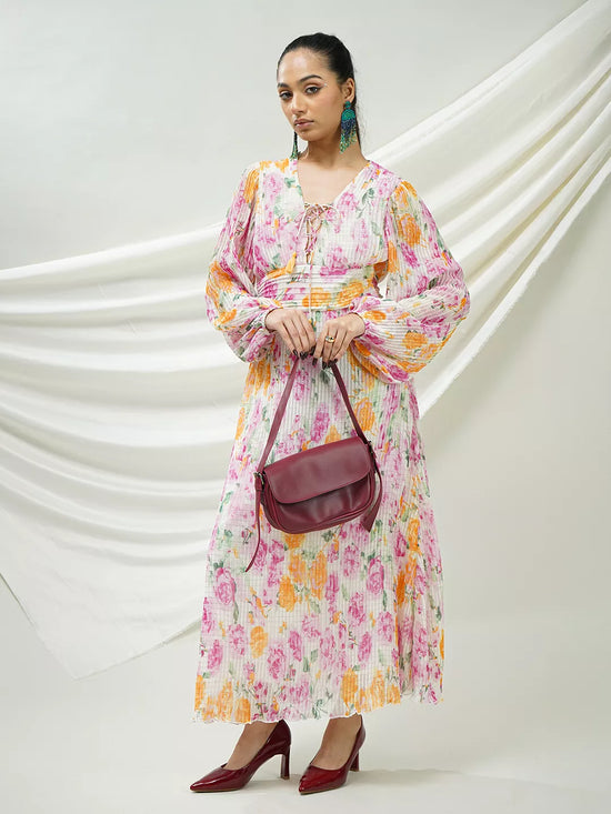 Floral Pleated Maxi Dress with Lace