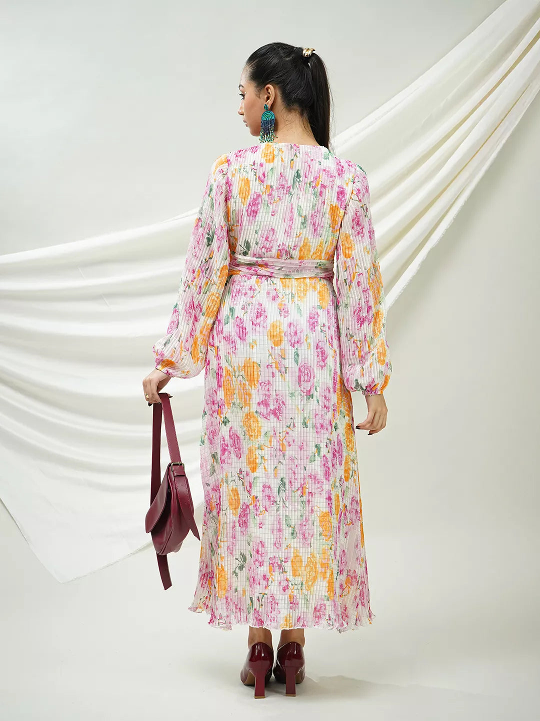 Floral Pleated Maxi Dress with Lace