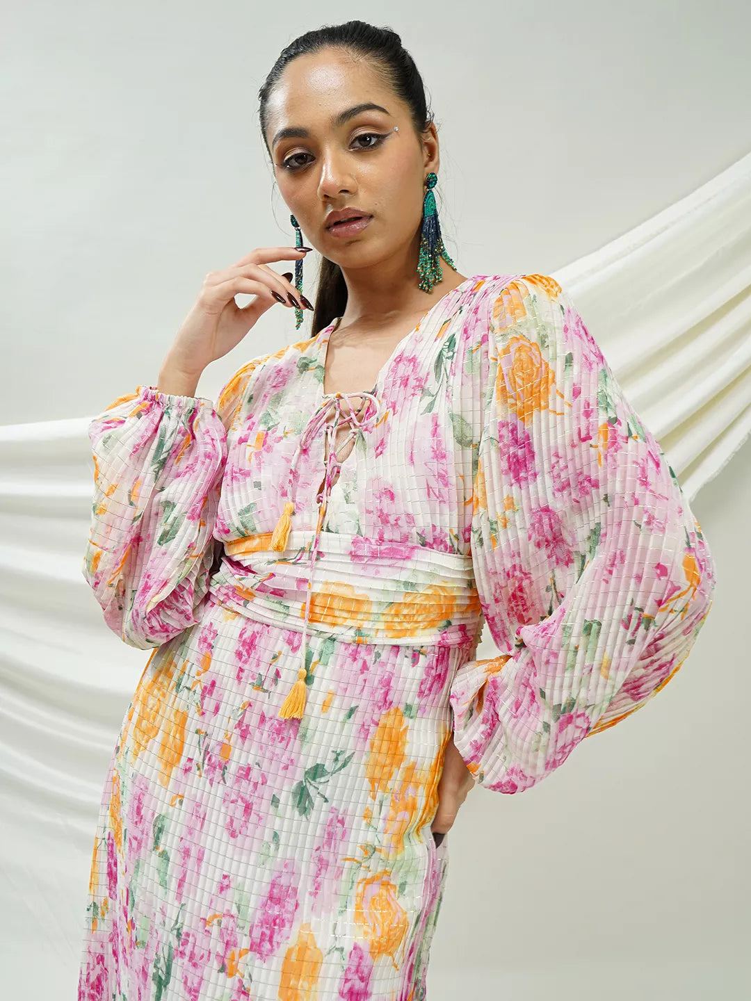 Floral Pleated Maxi Dress with Lace