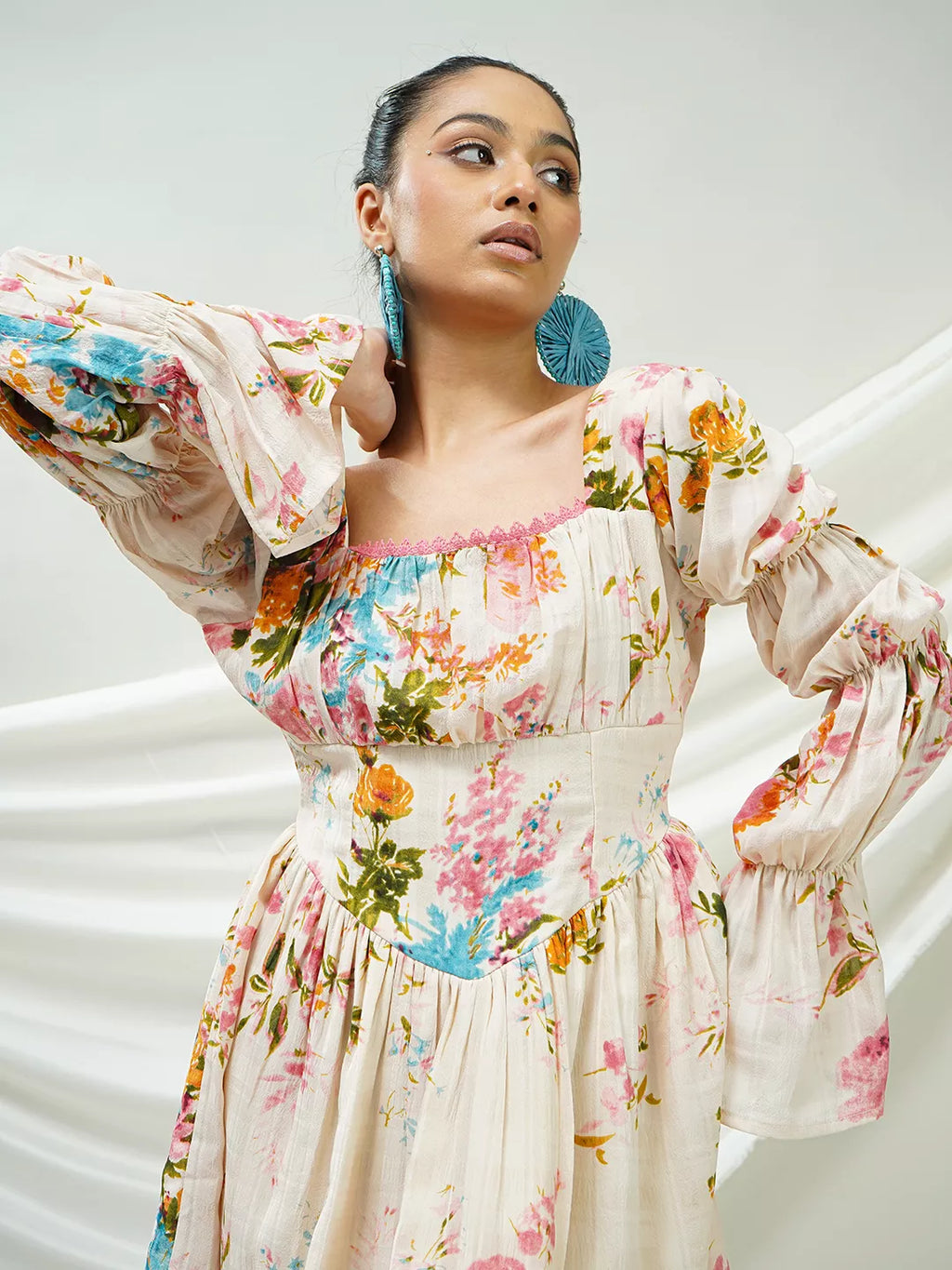 Vintage Floral Statement Sleeve Dress