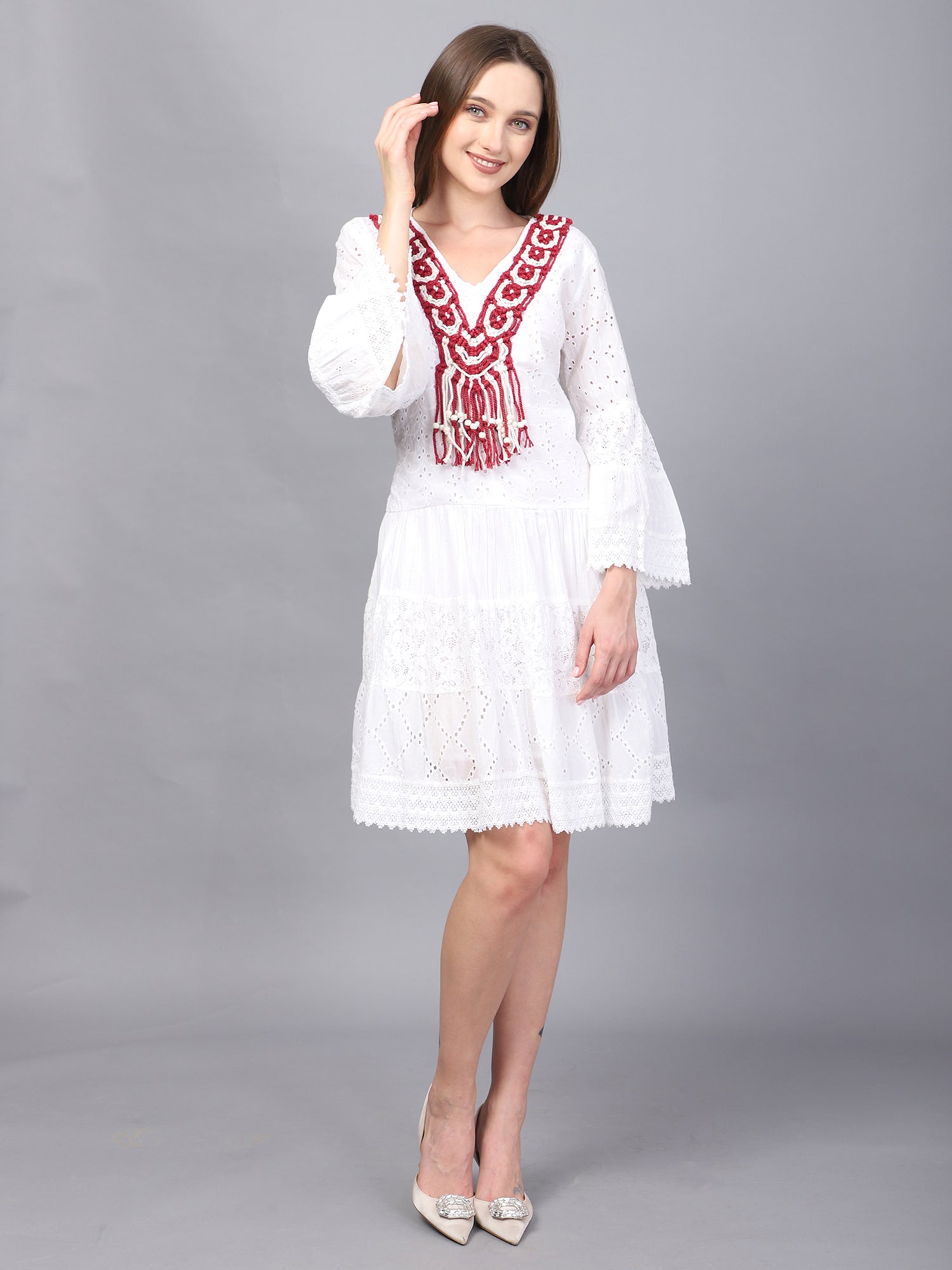 WHITE SCHIFFLI A-LINE DRESS