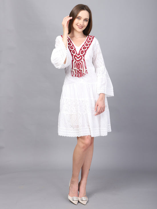 WHITE SCHIFFLI A-LINE DRESS