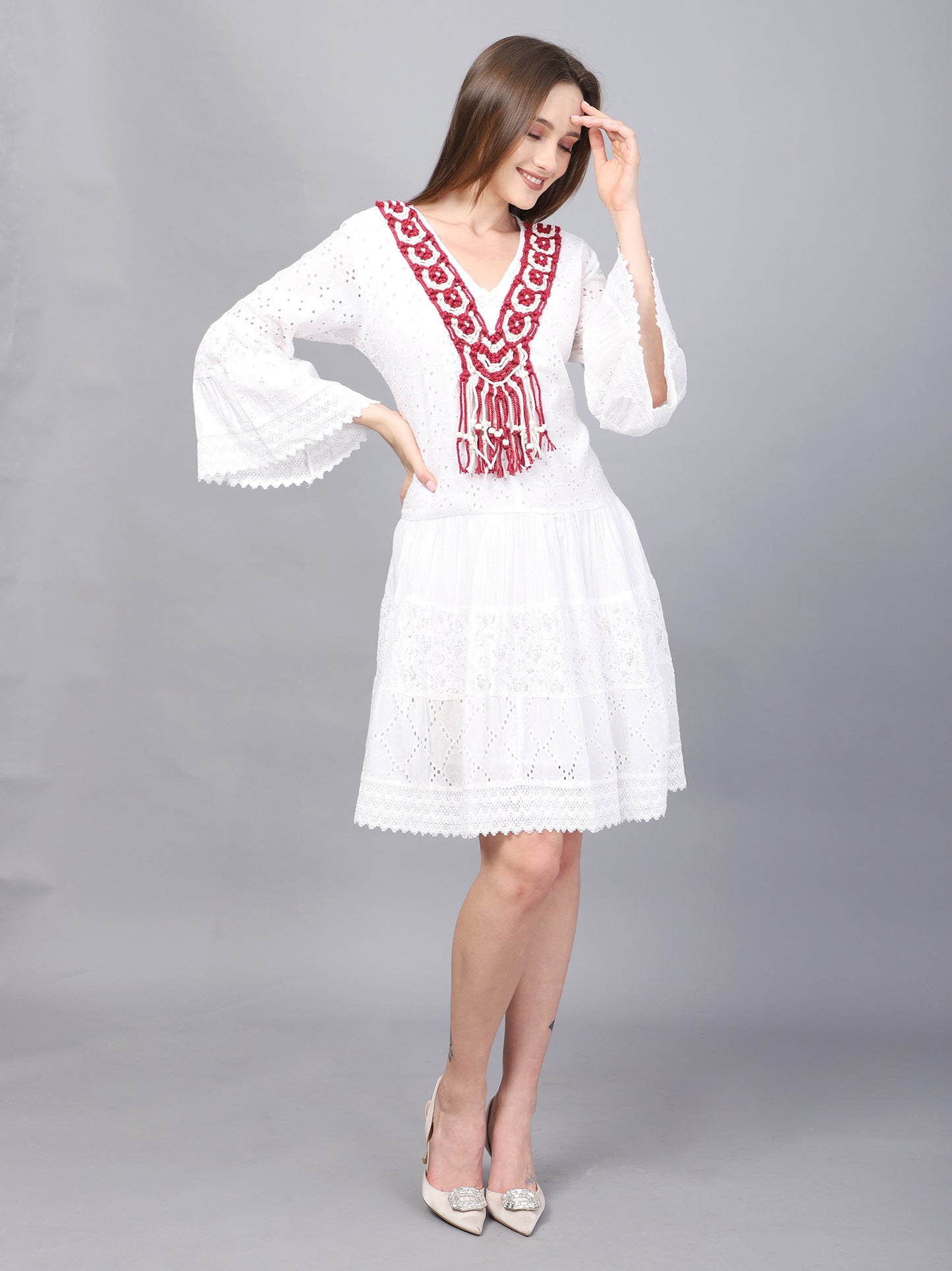 WHITE SCHIFFLI A-LINE DRESS