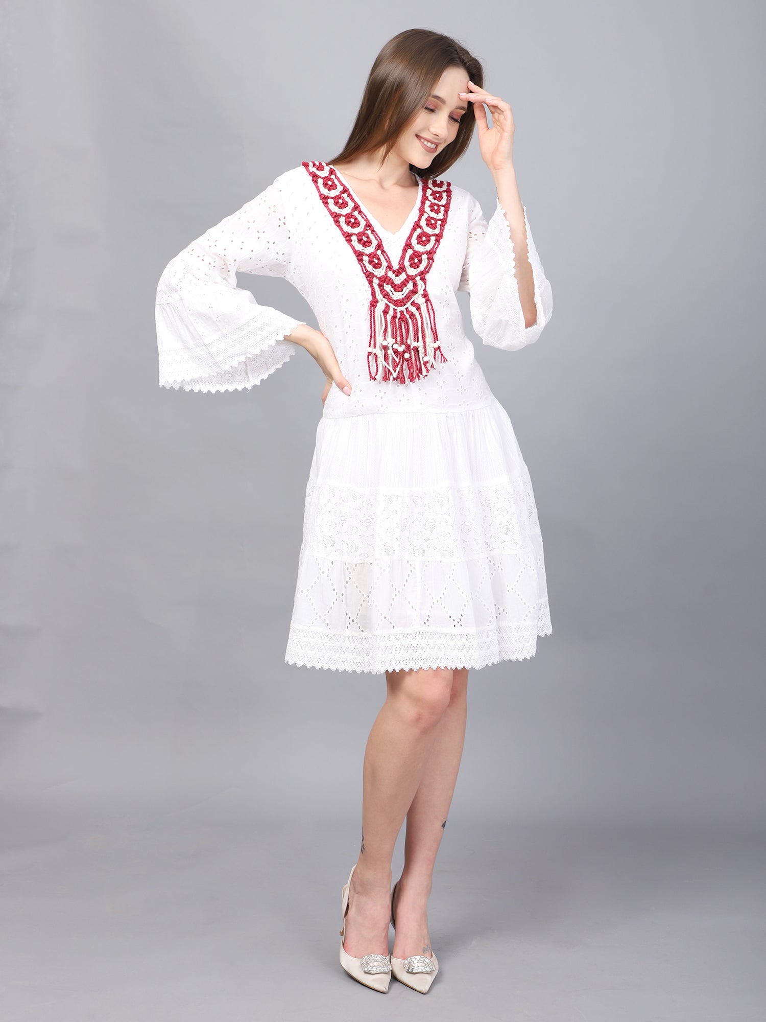 WHITE SCHIFFLI A-LINE DRESS