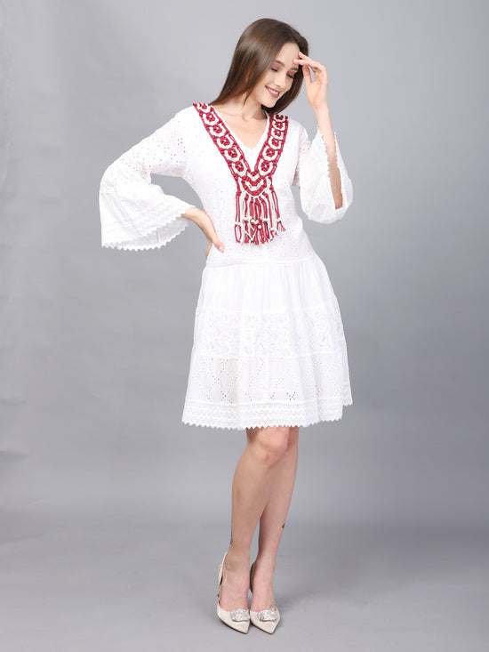 WHITE SCHIFFLI A-LINE DRESS