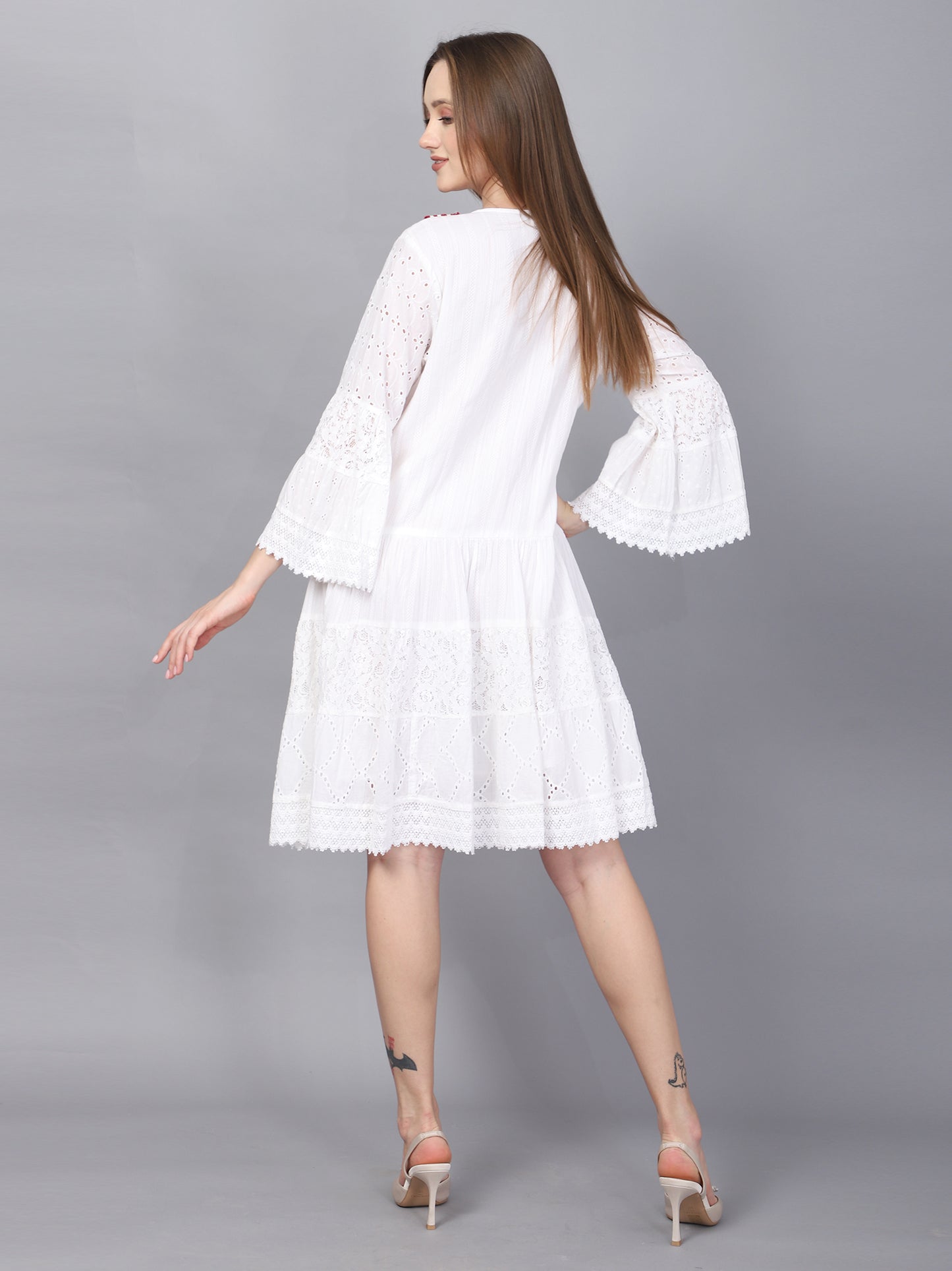 WHITE SCHIFFLI A-LINE DRESS
