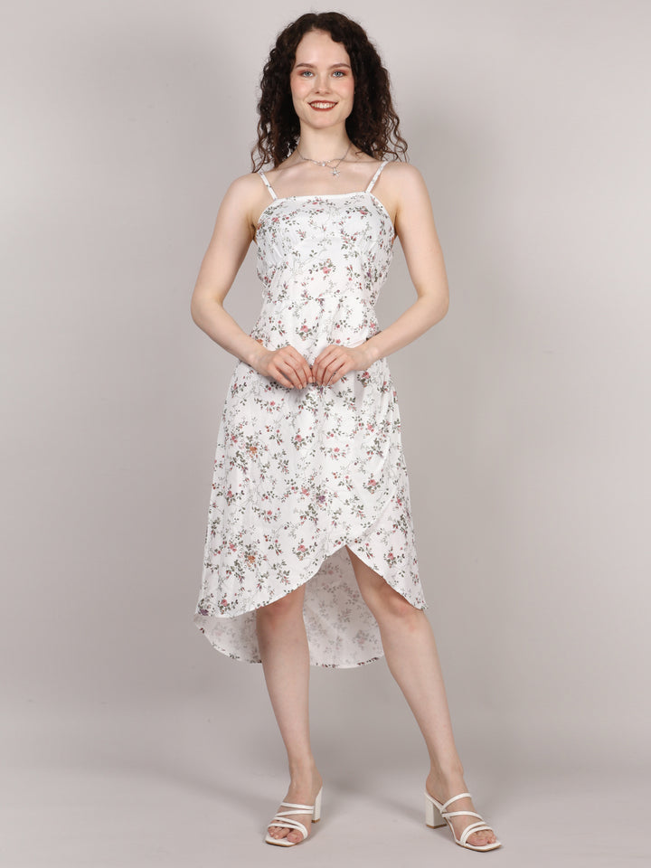 White Ditsy Print Side Rouched Dress