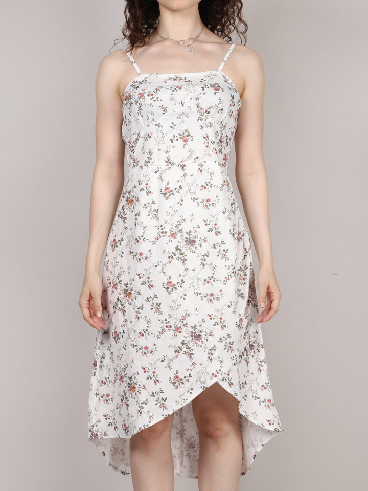 White Ditsy Print Side Rouched Dress