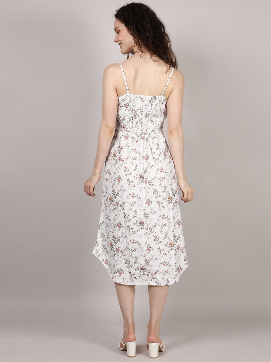 White Ditsy Print Side Rouched Dress