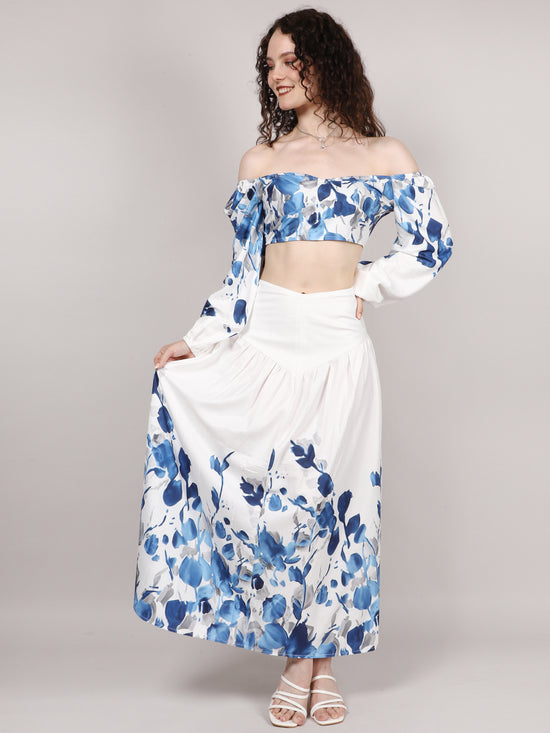 White Leaf Print Top With Skirt Cord Set