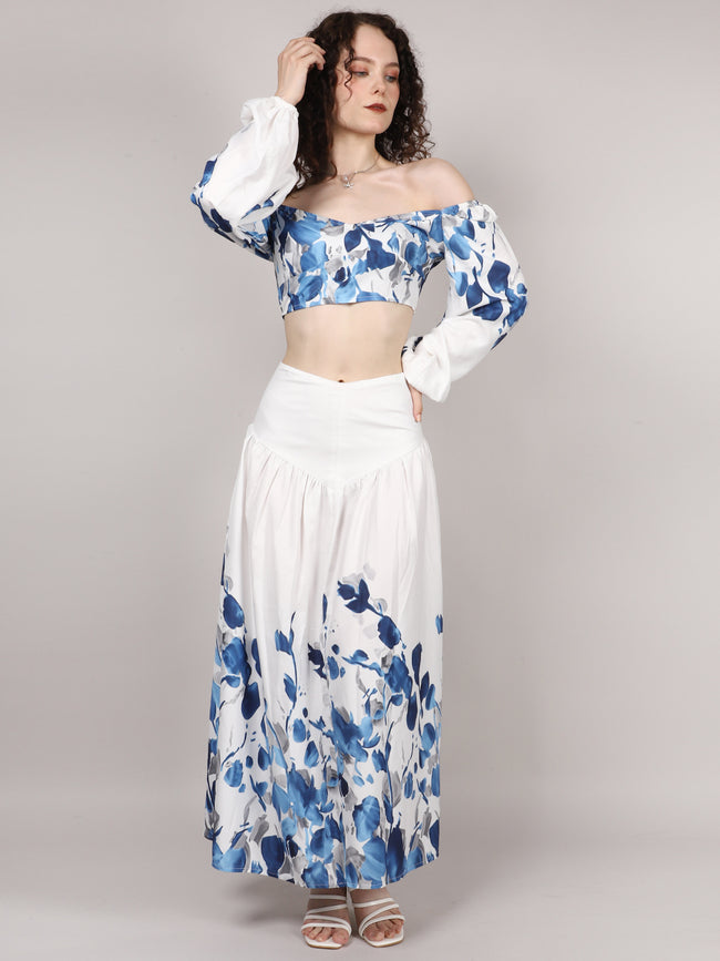 White Leaf Print Top With Skirt Cord Set Main Image