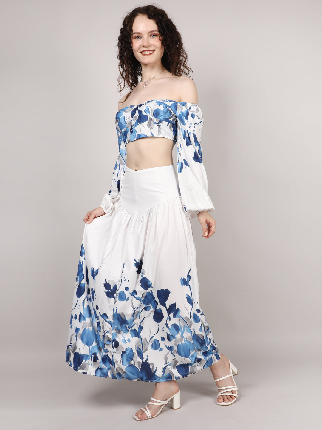 White Leaf Print Top With Skirt Cord Set