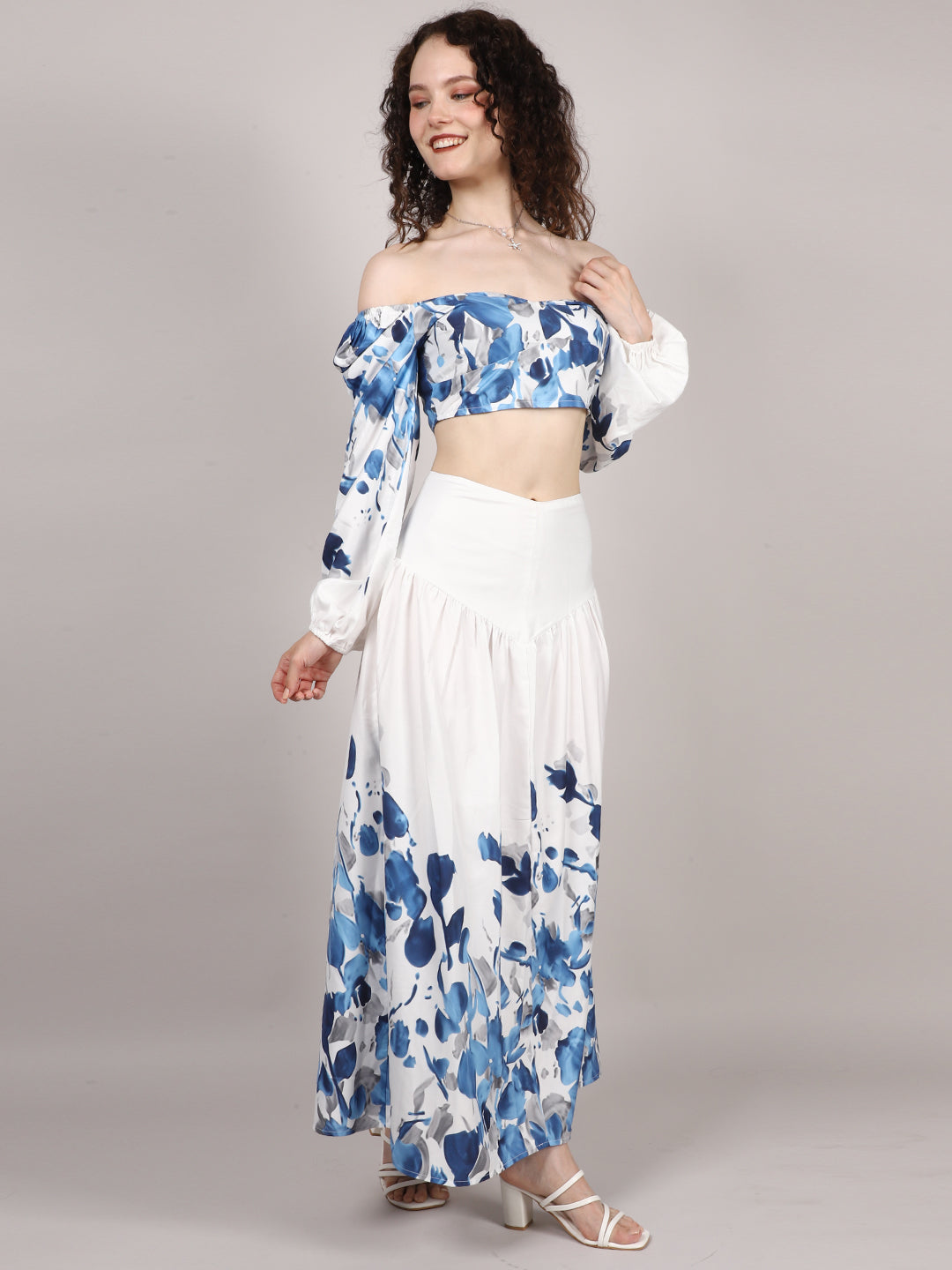 White Leaf Print Top With Skirt Cord Set