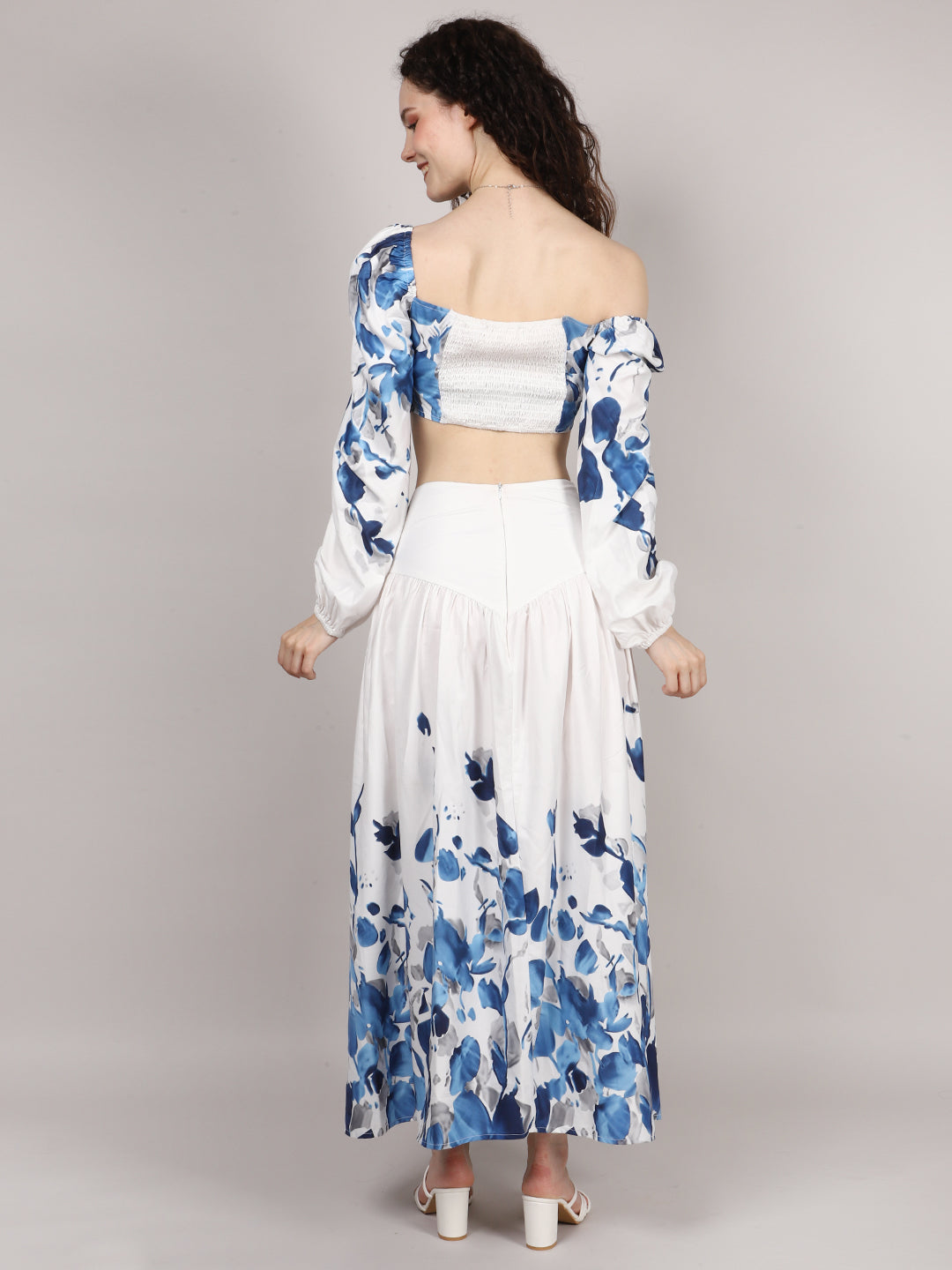 White Leaf Print Top With Skirt Cord Set