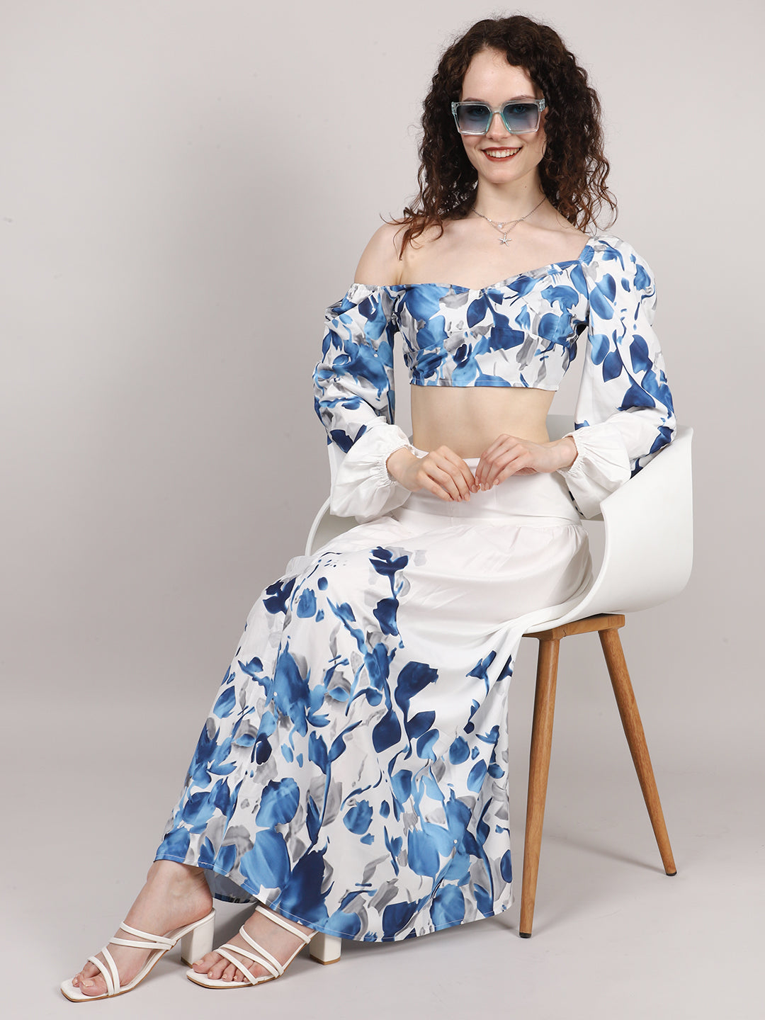 White Leaf Print Top With Skirt Cord Set