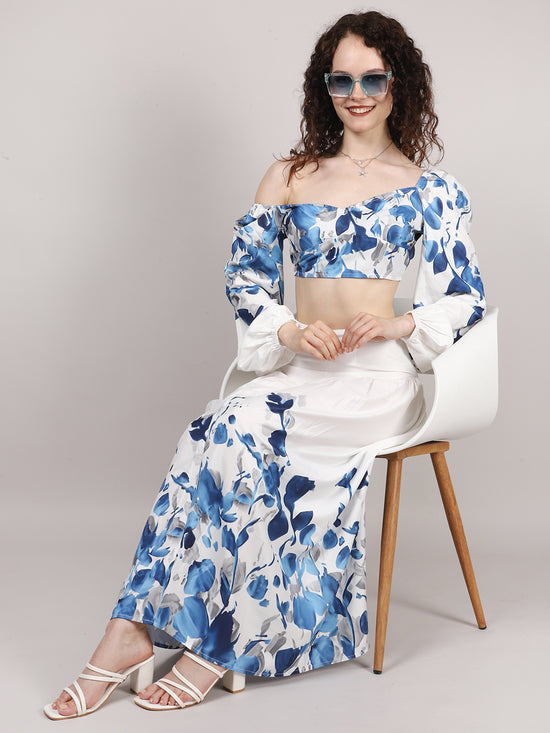 White Leaf Print Top With Skirt Cord Set
