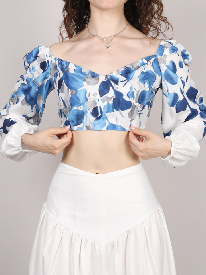 White Leaf Print Top With Skirt Cord Set