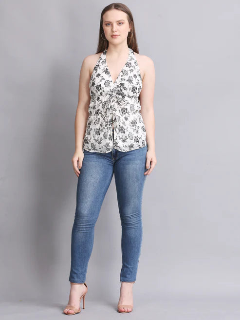 White Printed Halter Neck Tie Top