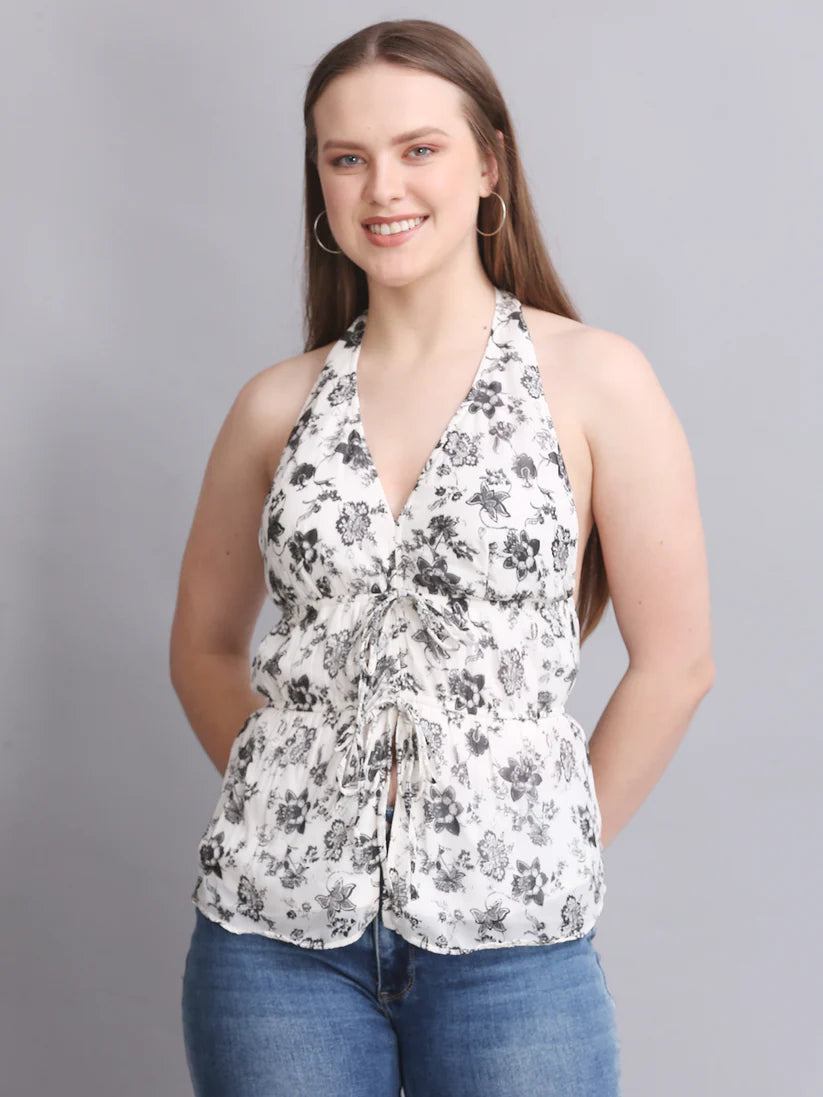 White Printed Halter Neck Tie Top