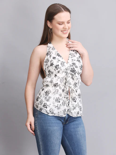 White Printed Halter Neck Tie Top