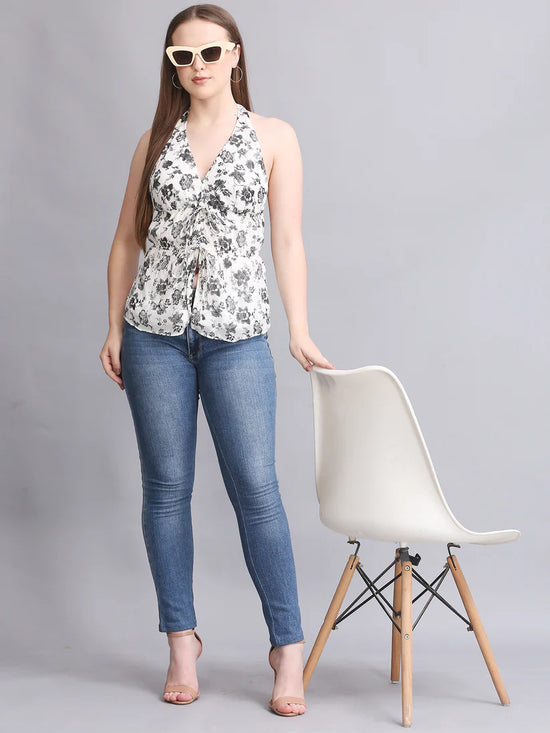 White Printed Halter Neck Tie Top